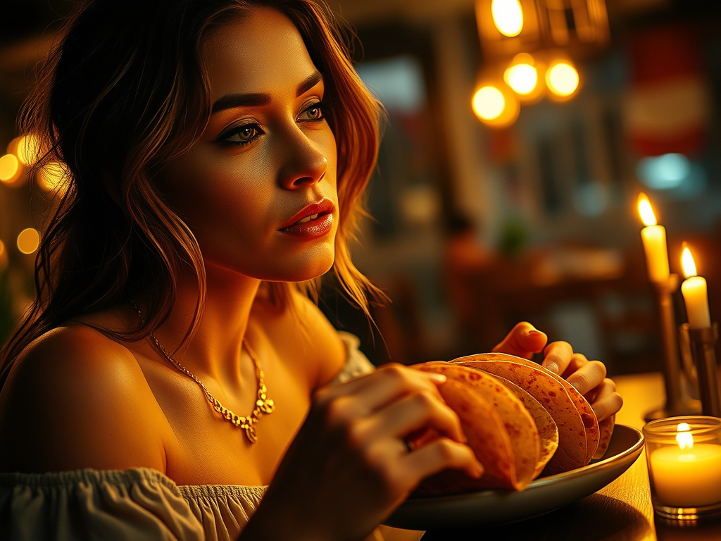 A Woman’s Beauty in the Glow of Candlelit Tacos